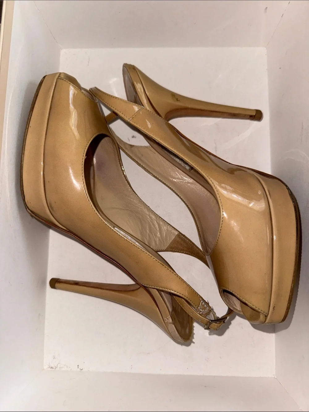 Jimmy Choo Beige Patent Leather Peep-Toe Heels